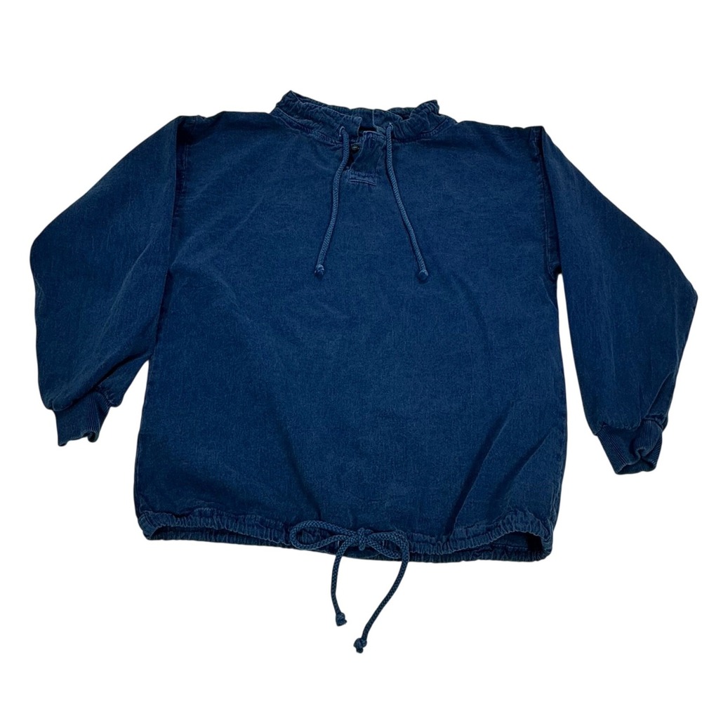 WEK Women Vintage 90's Blue Textured Drawstring Funnel Neck Sweatshirt‎ Small